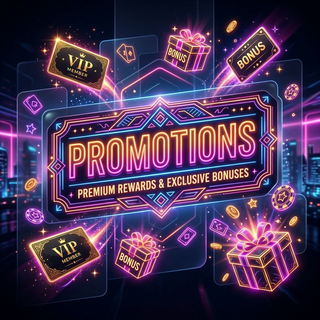 Premium iGaming neon glowing VIP bonuses and free spin boxes